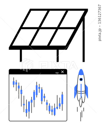 Sustainability, energy growth, clean technology, financial investment, innovation, success. Solar panel, stock chart and a rocket design. Sustainability and energy growth visualization 136127367