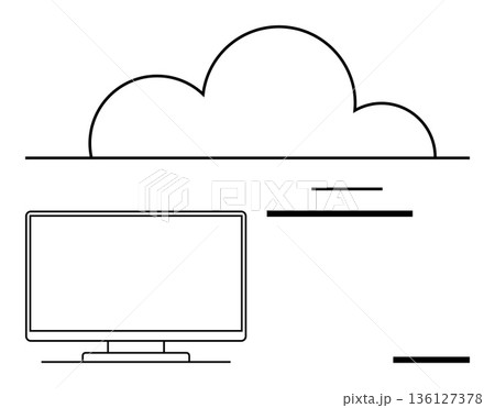 Cloud computing, technology, data storage, remote access, internet services, digital connectivity. A cloud icon above a computer monitor with minimalist design elements. Cloud computing 136127378