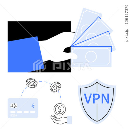 Financial security, payment systems, VPN, online transactions, cybersecurity, digital finance. Illustrations of cash, credit card coins and shield with VPN text. Financial security and VPN Financial security, payment systems, VPN, online transactions, cybersecurity, digital finance. Illustrations of cash, credit card coins and shield with VPN text. Financial security and VPN 136127379