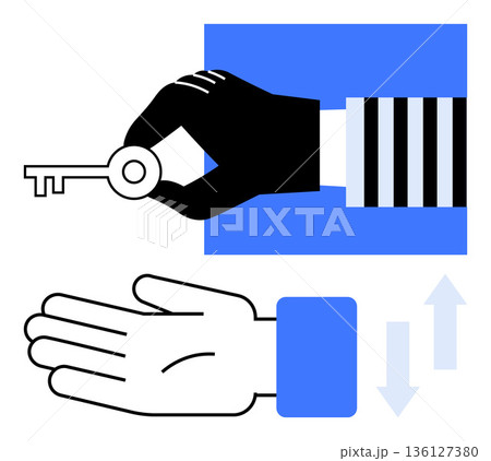 Security, access control, transaction, trust, exchange, handover. Black hand holding a key, white hand open below arrows indicating transfer. Security and access control concept 136127380