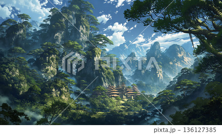 険しい山々と寺院のイラスト素材 [136127385] - PIXTA