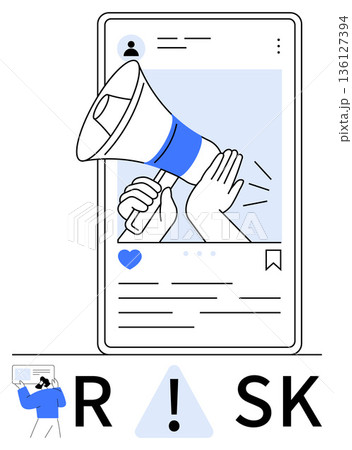 Social media awareness, content moderation, risk management, digital communication, responsible sharing, misinformation. Megaphone inside smartphone interface. Social media awareness and content 136127394