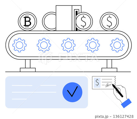 Cryptocurrency, blockchain, financial transactions, payment systems, banking technology, digital wallets. Conveyor processing coins, gears signed receipt. Cryptocurrency and blockchain concepts Cryptocurrency, blockchain, financial transactions, payment systems, banking technology, digital wallets. Conveyor processing coins, gears signed receipt. Cryptocurrency and blockchain concepts 136127428