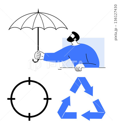 Environmental awareness, waste reduction, personal protection, sustainability, goal setting, safety concepts. Person holding an umbrella, a recycling symbol and a target icon. Sustainability Environmental awareness, waste reduction, personal protection, sustainability, goal setting, safety concepts. Person holding an umbrella, a recycling symbol and a target icon. Sustainability 136127430