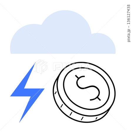 Cloud computing, financial management, technology services, efficiency, web hosting, sustainable tech. A cloud, lightning bolt and coin with a dollar sign. Cloud computing and financial management 136127438