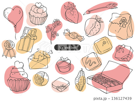 ペン画風ラフな着彩のバレンタインアイコンセット 136127439