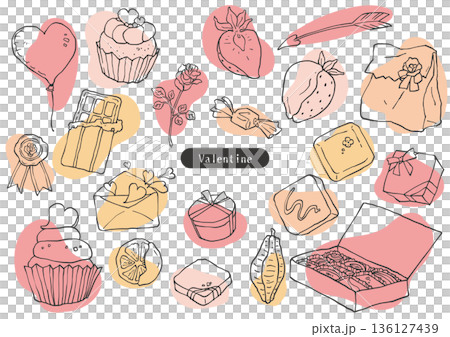 ペン画風ラフな着彩のバレンタインアイコンセット 136127439