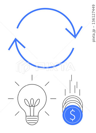 Business development, financial growth, innovation, creativity, problem solving, economic progress. Circular arrow, light bulb and falling coins. Innovation and financial growth concept Business development, financial growth, innovation, creativity, problem solving, economic progress. Circular arrow, light bulb and falling coins. Innovation and financial growth concept 136127449