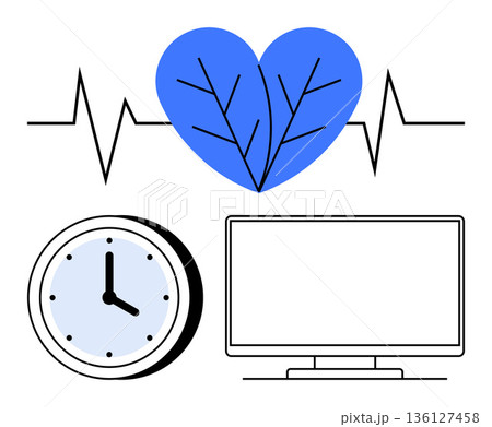 Healthcare, time management, digital health, wellness monitoring, telemedicine, productivity. Blue heart with heartbeat lines, clock and computer screen. Healthcare and time management concepts 136127458
