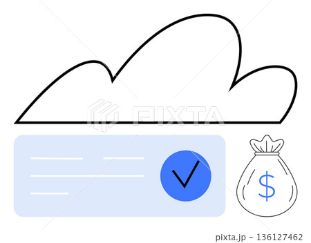 Cloud technology, online payments, financial security, digital banking, e-commerce, verification systems. A cloud, digital checkmark and money bag icon. Cloud technology and financial security Cloud technology, online payments, financial security, digital banking, e-commerce, verification systems. A cloud, digital checkmark and money bag icon. Cloud technology and financial security 136127462