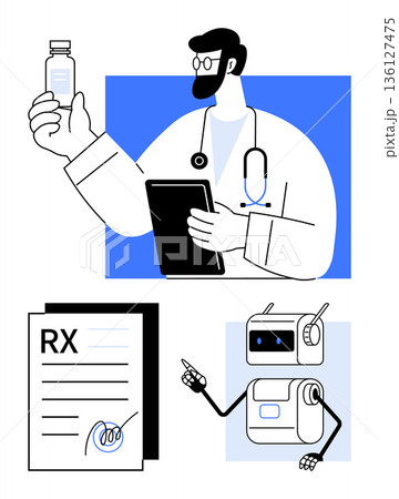Healthcare, technology integration, telemedicine, artificial intelligence, robotics, digital prescription. Doctor holding medicine, robotic assistant pointing medical documents. Healthcare 136127475