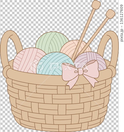 Hand Drawn Minimalist Illustration of a Wicker Basket with Colorful Yarn Balls and Knitting Needles for Hobby and DIY Crafting Projects 136127609