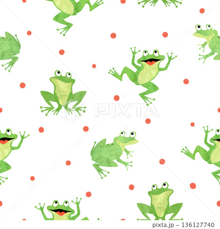 Cute frog pattern. Seamless vector background with cartoon green frogs 136127740