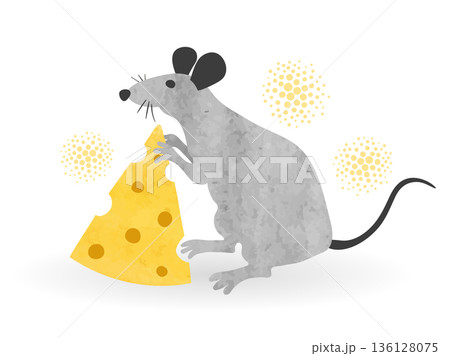 Cute cartoon rat with cheese. Vector watercolor illustration of mouse Cute cartoon rat with cheese. Vector watercolor illustration of mouse 136128075