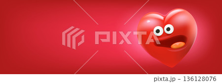 Funny 3D heart monster character on red background, horizontal banner with space for Valentine s Day sale and kids promo. Creative banner with blank space for text, perfect for humorous Valentine s 136128076