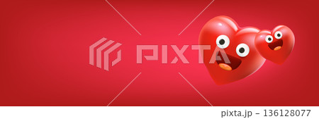 Funny 3D heart monster character on red background, horizontal banner with space for Valentine s Day sale and kids promo. Creative banner with blank space for text, perfect for humorous Valentine s 136128077