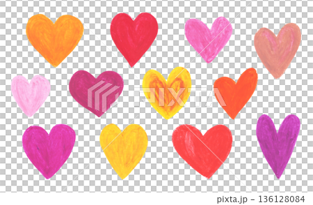 Hand drawn crayon pastel set of bright colorful pink, red and orange heart shapes. Bright oil pencils drawing hearts symbols for love graphic design, pattern, Valentine day greeting cards Hand drawn crayon pastel set of bright colorful pink, red and orange heart shapes. Bright oil pencils drawing hearts symbols for love graphic design, pattern, Valentine day greeting cards 136128084