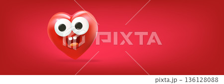 Funny 3D heart monster character on red background, horizontal banner with space for Valentine s Day sale and kids promo. Creative banner with blank space for text, perfect for humorous Valentine s Funny 3D heart monster character on red background, horizontal banner with space for Valentine s Day sale and kids promo. Creative banner with blank space for text, perfect for humorous Valentine s 136128088