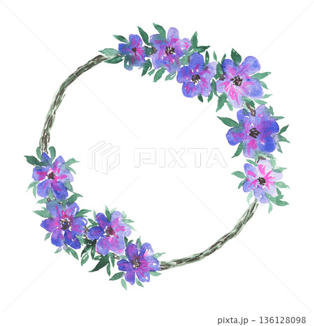 Watercolour lovely arch wreath with pink purple daisy flower and emerald green leaves. Watercolor delicate round frame with bright blossoms for mothers day greeting card design, wedding decoration Watercolour lovely arch wreath with pink purple daisy flower and emerald green leaves. Watercolor delicate round frame with bright blossoms for mothers day greeting card design, wedding decoration 136128098