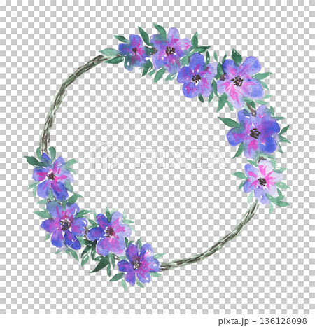 Watercolour lovely arch wreath with pink purple daisy flower and emerald green leaves. Watercolor delicate round frame with bright blossoms for mothers day greeting card design, wedding decoration Watercolour lovely arch wreath with pink purple daisy flower and emerald green leaves. Watercolor delicate round frame with bright blossoms for mothers day greeting card design, wedding decoration 136128098