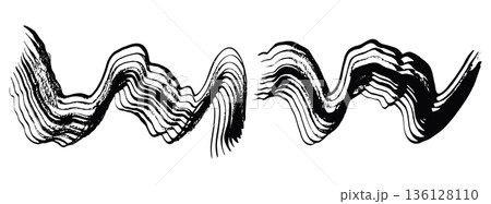 Artistic grunge textured vector wavy black ink paint brush stroke border set. Abstract curve dynamic isolated grunge paintbrush for texture design, sound wave background, striped mascara, ribbon 136128110