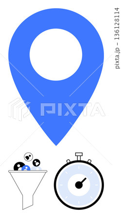 Data processing, location tracking, efficiency, time management, technology, analytics. Large blue location marker, funnel filtering data and stopwatch. Location tracking and data processing concept Data processing, location tracking, efficiency, time management, technology, analytics. Large blue location marker, funnel filtering data and stopwatch. Location tracking and data processing concept 136128114