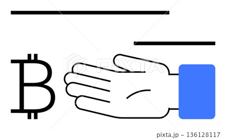 Cryptocurrency, digital payments, blockchain technology, peer-to-peer transactions, financial exchange, online investments. Bitcoin symbol next to an open palm. Cryptocurrency and digital payments 136128117