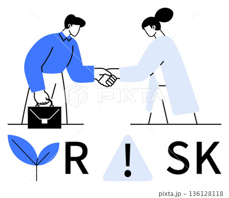 Business partnerships, risk management, corporate agreements, teamwork, decision-making, collaboration. Two people shaking hands near risk symbols and a growth leaf. Business partnerships and risk 136128118