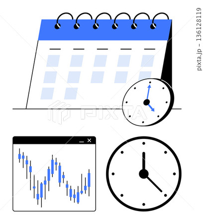 Time management, scheduling, productivity, business planning, financial analytics, investment tracking. Contains a calendar, clocks and a data chart. Time management and scheduling visually Time management, scheduling, productivity, business planning, financial analytics, investment tracking. Contains a calendar, clocks and a data chart. Time management and scheduling visually 136128119
