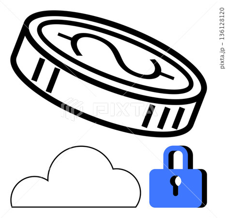 Digital banking, data protection, cryptocurrency storage, cloud security, financial technology, encryption. A coin above a cloud and lock symbol. Cryptocurrency storage and cloud security concept Digital banking, data protection, cryptocurrency storage, cloud security, financial technology, encryption. A coin above a cloud and lock symbol. Cryptocurrency storage and cloud security concept 136128120