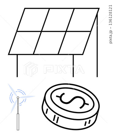 Renewable energy, sustainability, green finance, clean energy sources, eco solutions, solar energy. Outline of solar panel, wind turbine and a coin. Renewable energy and sustainability ideas Renewable energy, sustainability, green finance, clean energy sources, eco solutions, solar energy. Outline of solar panel, wind turbine and a coin. Renewable energy and sustainability ideas 136128121