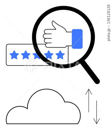 Customer satisfaction, online reviews, cloud storage, data upload, content ranking, quality management. A magnifying glass over a thumbs-up and rating stars, with a cloud and data transfer arrows 136128126