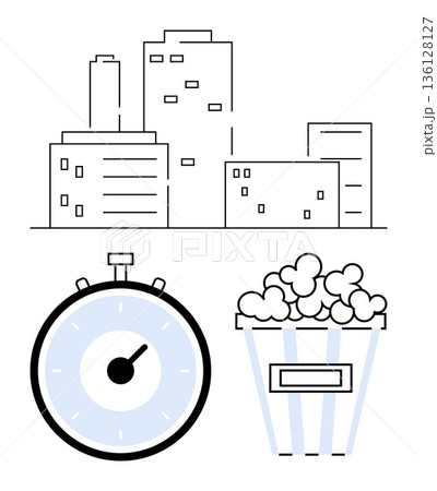 Time management, entertainment, urban lifestyle, leisure, relaxation, productivity. Minimalistic cityscape, stopwatch and popcorn. Time management and entertainment combined in a visual 136128127