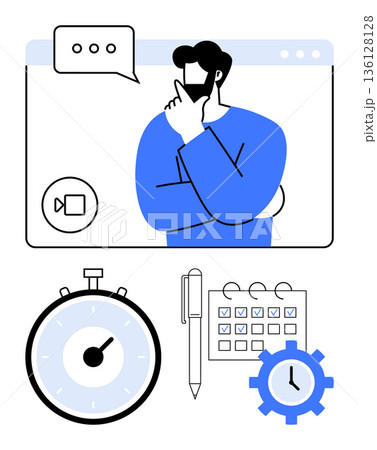 Productivity, time management, remote work, planning, decision-making, goal setting. Man thinking in video call interface with business elements thumbs up timer and checklist. Productivity 136128128