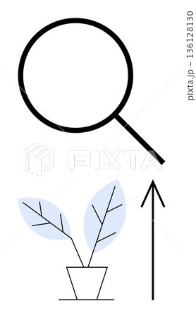 Business growth, sustainability, success, eco awareness, progress, analysis. A magnifying glass, a potted plant and an upward arrow. Business growth and sustainability concept 136128130