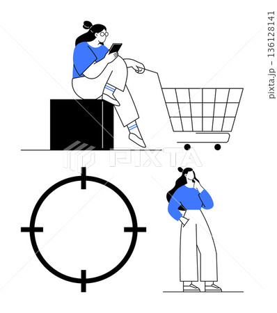 E-commerce, target audience, decision making, customer focus, retail marketing, digital strategy. Woman with a shopping cart, target graphic person with hand on chin. E-commerce and target audience E-commerce, target audience, decision making, customer focus, retail marketing, digital strategy. Woman with a shopping cart, target graphic person with hand on chin. E-commerce and target audience 136128141
