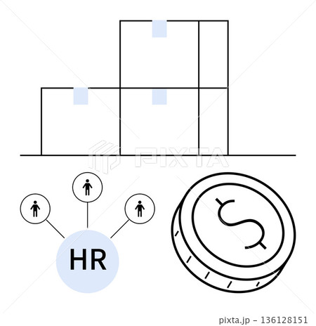 Human resources, financial planning, business management, workforce organization, productivity, economy. Visual elements include HR connections, financial coin and stacked boxes. Human resources 136128151