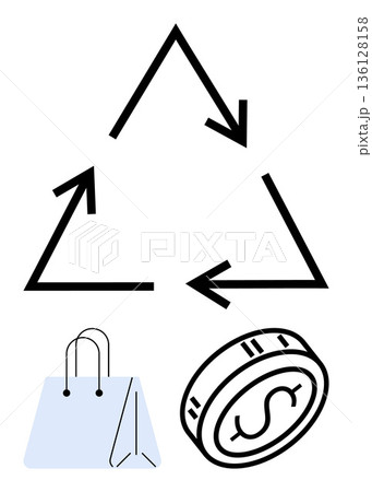 Sustainability, eco-friendly practices, circular economy, consumer behavior, financial savings, waste reduction. Recycling symbol, paper shopping bag coin with dollar sign. Sustainability 136128158