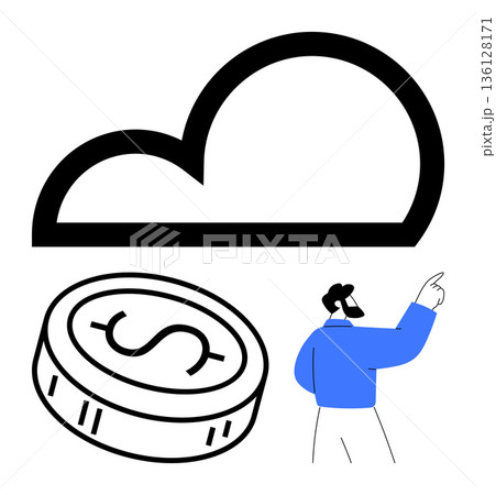 Technology, cloud computing, financial growth, digital economy, online data storage, economic innovation. Black cloud icon, stylized coin with dollar symbol person pointing upward. Cloud computing 136128171