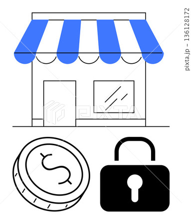E-commerce, online security, payment systems, retail safety, business management, financial transactions. A store with a coin and lock icon. E-commerce and online security concept 136128172