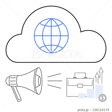 Technology, digital marketing, global networking, business growth, cloud computing, financial progress. a cloud with a globe, a megaphone and money-growing charts. Cloud computing and digital 136128174
