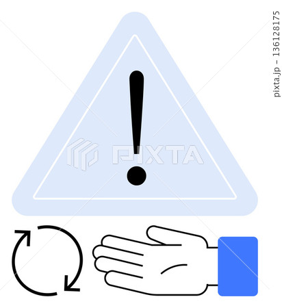 Safety protocol, caution, instructions, warnings, hazard prevention, operational guidance. Exclamation mark inside a triangle with refreshing arrows and a hand icon. Safety protocol and caution 136128175
