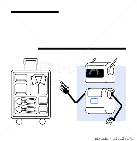 Travel planning, AI assistance, organization, futuristic technology, smart tips, packing efficiency. Robot indicating towards a neatly organized suitcase. Travel planning and AI assistance concept 136128176