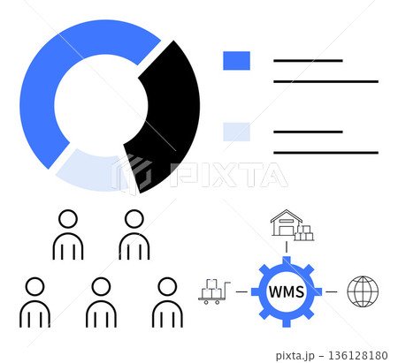 Data analysis, supply chain, logistics, inventory management, teamwork, business planning. A pie chart, people icons and WMS gear symbol connected to warehouse and logistics. Supply chain 136128180