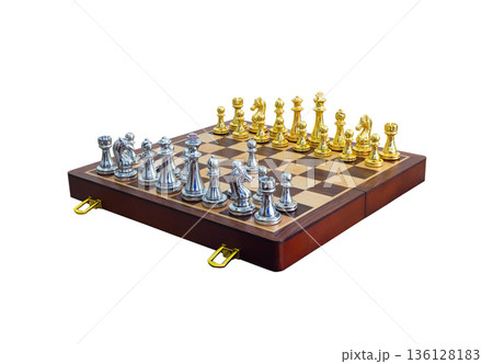 chessboard with golden and silver pieces isolated on white background 136128183
