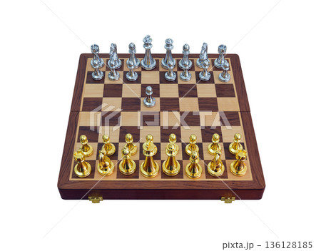 chessboard with golden and silver pieces isolated on white background chessboard with golden and silver pieces isolated on white background 136128185