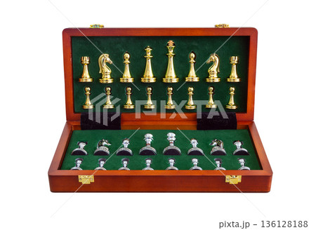 chessboard with golden and silver pieces isolated on white background 136128188