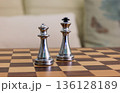 close-up of  silver chess pieces, the king and queen 136128189