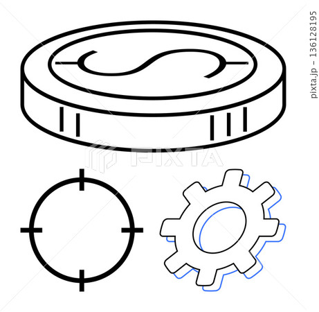 Financial planning, business strategy, goal setting, economic growth, operations, and system optimization. Coin, target scope and gear. Financial planning and business strategy concepts 136128195