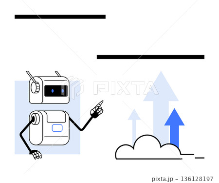 Artificial intelligence, cloud computing, data analysis, technology trends, digital transformation, automation. Robot with finger pointing to upward-growing arrows and a cloud. Cloud computing 136128197